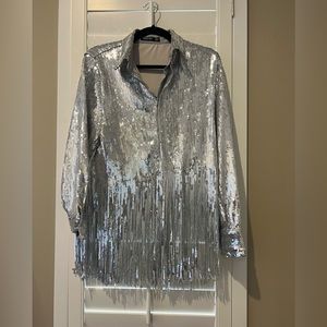 Sequin fringe button down top